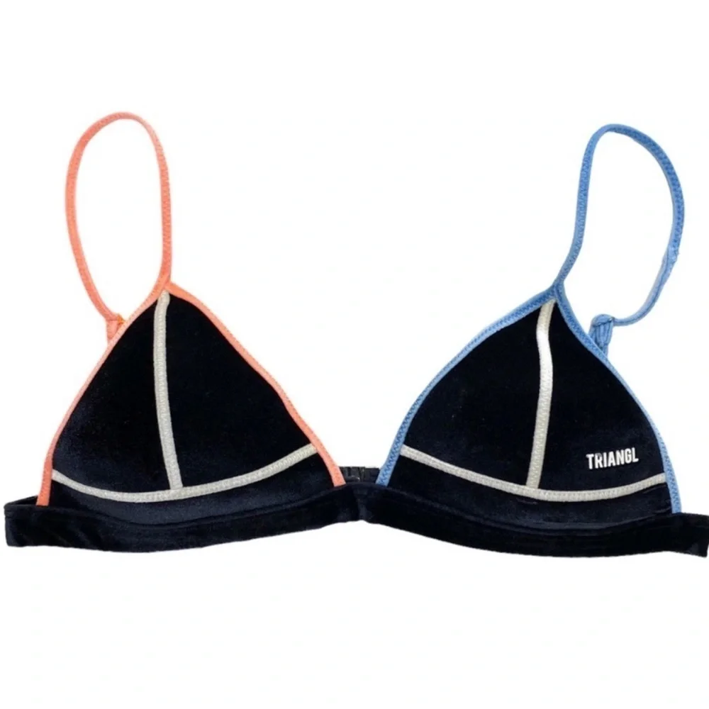 TRIANGL Zodiac Color Block Velvet Triangle Swimwear Bikini Top Navy Size S